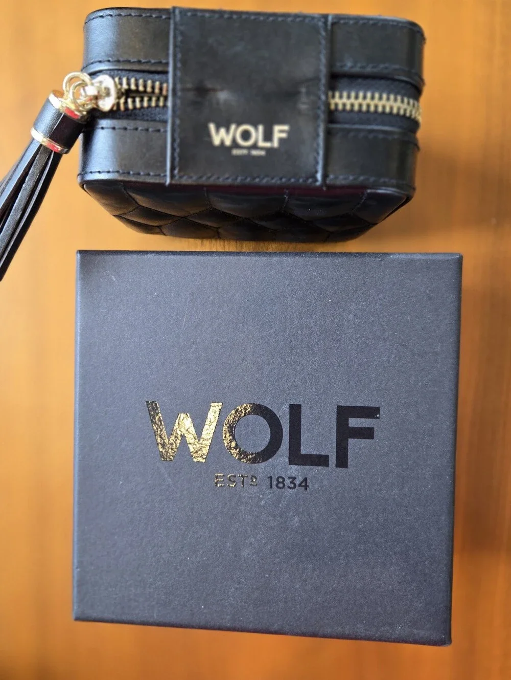 WOLF Caroline Black Quilted Jewelry Travel Box Tassel Zip